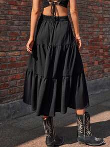 Women's Black Layered Ruffle Hem Skirt - Black - View 2