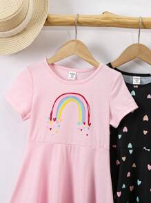 SHEIN Bộ 2 váy ngắn tay hình trái tim cầu vồng giản dị dành cho cô gái trẻ, mùa hè - Nhiều màu - Xem 3
