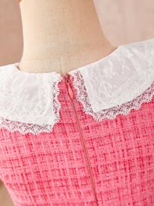 SHEIN Girls Elegant Ruffle Trim Collared Sleeveless Tweed Dress, Refined Lady Style, Summer Back To School Season - Pink - View 7