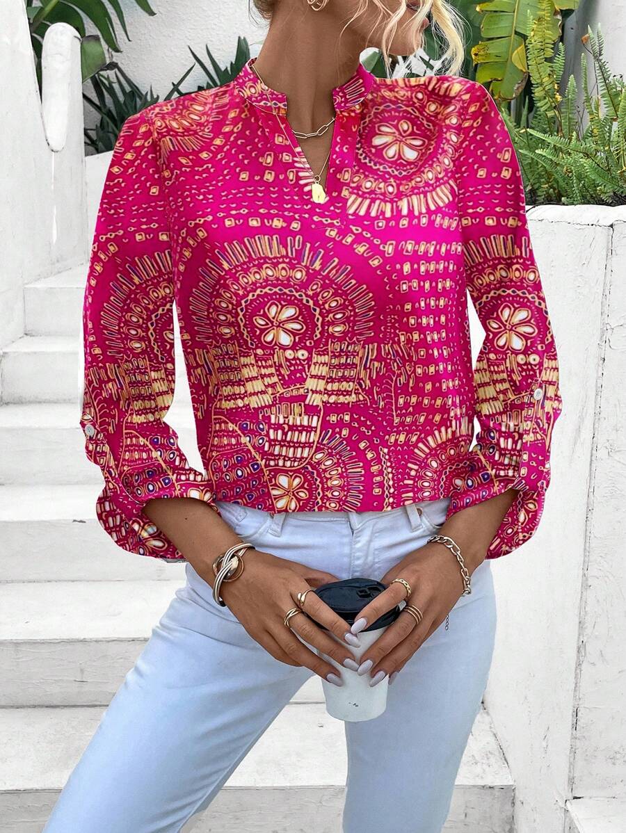 SHEIN LUNE 女式缺口领全印花夏季休闲度假衬衫