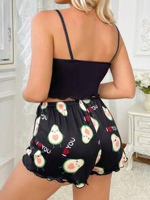 Women's Avocado Printed Summer Tank Top And Shorts Pajama Set - Black - View 2
