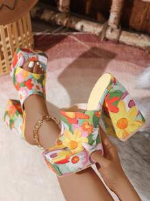 Bohemian-Style High Heel Platform Slide Sandals - Green - View 2