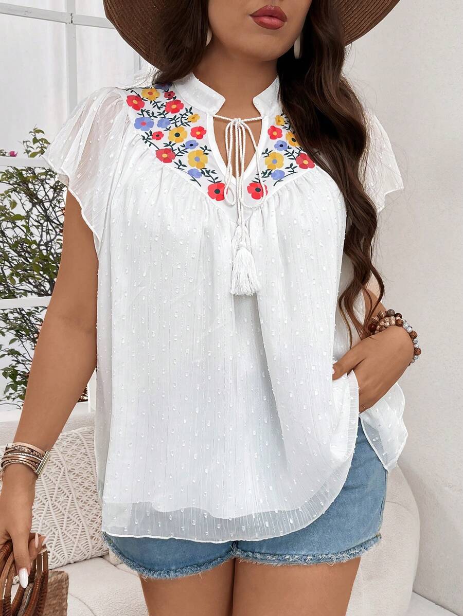 Flirla Plus Size Summer Floral Print V-Neck Blouse With Short Flutter Sleeves - Beige - View 1