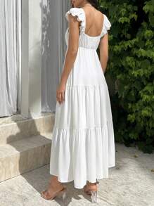 SHEIN Privé Vestido Longo de Decote em V de Manga Curta Branco para Mulheres, Vestidos Brancos, Vestido Longo Fluido, Vestido de Decote em V, Vestidos de Verão, Para Festas de Casamento de Verão, Festivais de Música, Temporada de Formatura, Férias, Formatura, Transporte, Encontros Românticos, Dia do Professor, Elegante - Branco - Visão 2