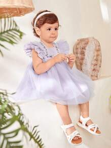 SHEIN Baby Girls' Summer Embroidered Mesh Dress - Mauve Purple - View 3