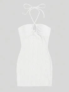 SHEIN EZwear 女士夏季紋理雙肩背心修身連身裙 - 白色 - 查看 3