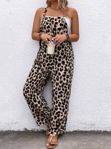 EMERY ROSE Plus Size Leopard Print Fashion Jumpsuit With Pockets For Casual Wear - Coffee Brown - View 6