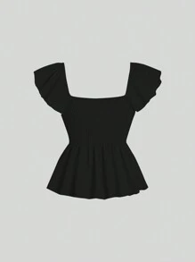 Sweetra 女士纯色荷叶边下摆衬衫，心形领口，夏季休闲装 Y2K 服装