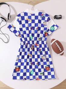 SHEIN Vestido informal para niña con estampado de cuadros y dibujo de caricaturas con cuello alto, estilo deportivo - Multicolor - Ver 2