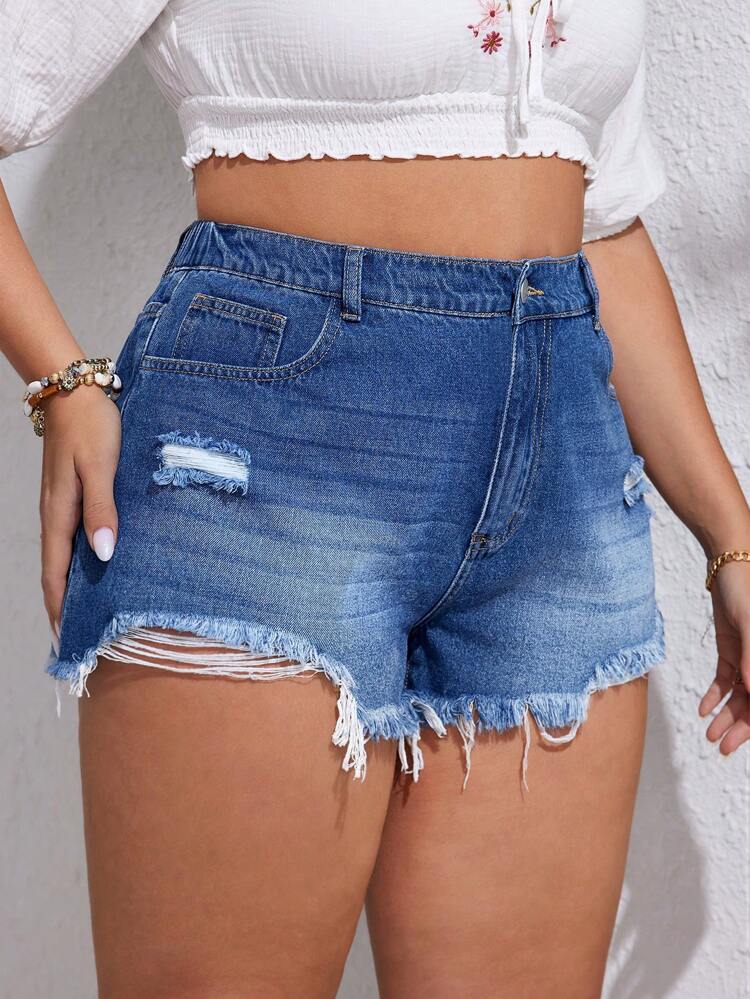 Plus Size Women's Casual Denim Shorts With Pockets, Distressed And Frayed Hem Design