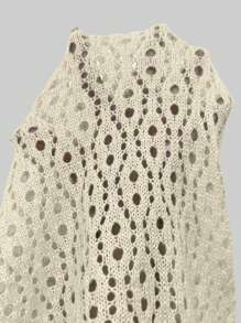 SHEIN Swim Curve Plus Size Summer Beach Hollow Knit Split Cover-Up Dress With Halter Neck - Beige - View 7