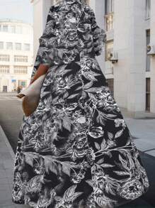 SHEIN Clasi Đầm dài tay dài in hoa ngẫu nhiên dành cho nữ - màu đen - Xem 1