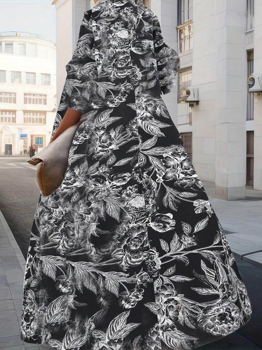 SHEIN Clasi Đầm dài tay dài in hoa ngẫu nhiên dành cho nữ - màu đen - Xem 1