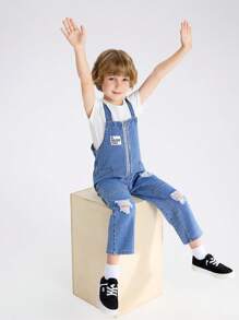 YOUNG BOY Casual Street Style Medium Blue Distressed Denim Overalls With Zipper Closure And Patch Decoration For Adjustment