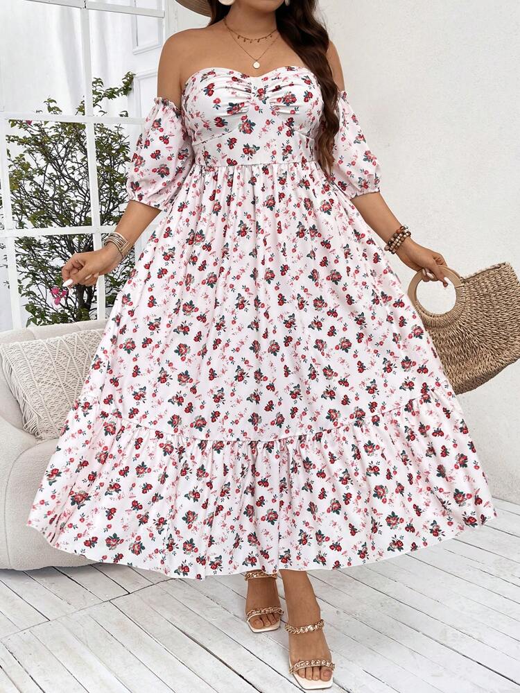 Plus Size Floral Printed Ruffle Hem Vacation Dress With Off Shoulder Design