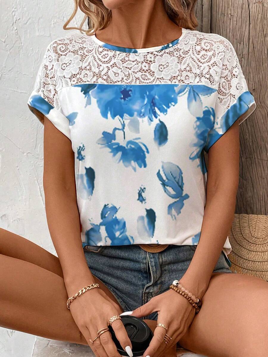 SHEIN LUNE 女士夏季花卉印花圓領對比蕾絲短袖休閒T恤 - 彩色 - 查看 1