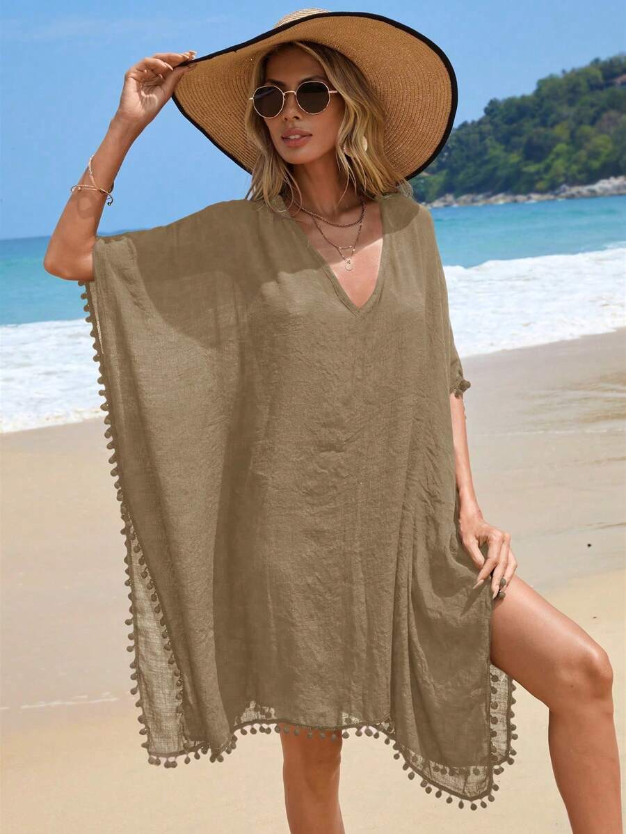 Swim Lushoire Women's Summer Beach Pom Pom Trim Loose Cover-Up Dress