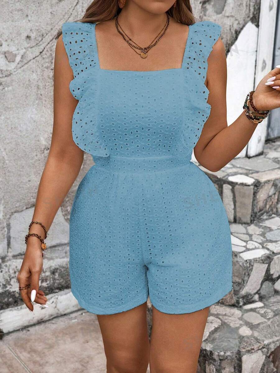 Breezaya Mono de manga corta con cuello cuadrado y cintura elástica en talla grande para mujer, color sólido y elegante para verano