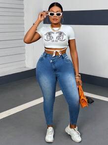 SHEIN SXY 女裝加大碼性感修身彈性牛仔褲，藍色斜口門襟設計 - 中等水洗藍 - 查看 5