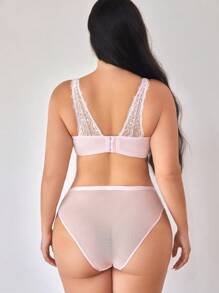 DesireSculpt Set de 2 sujetadores con aros y copas moldeadas, de encaje de pestañas y malla de color rosa, talla grande, lencería