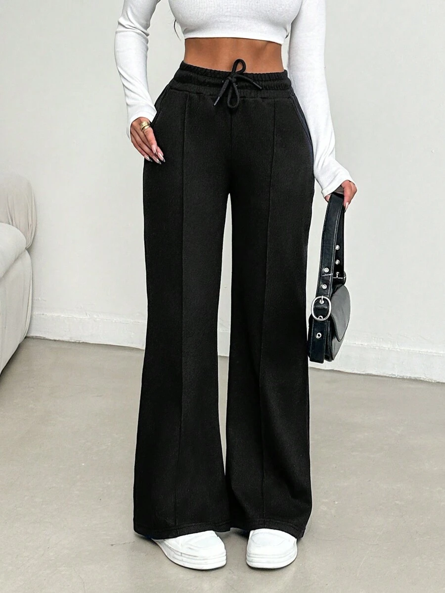 EURMUSE Women's Solid Color Drawstring Waist Long Pants - Black - View 1