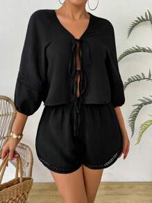 Breezaya Freizeitliches Set aus Hemd mit Laternärmeln, Spitze und Krawattenbindung und Shorts für den Urlaub