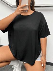 SHEIN EZwear Camiseta de verano de talla grande para mujer de unicolor con cuello redondo, ajuste holgado, hombros caídos y sensación fresca - Negro - Ver 6