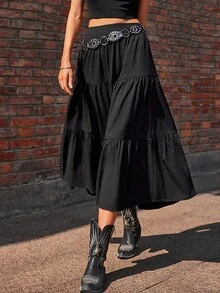 Women's Black Layered Ruffle Hem Skirt - Black - View 5