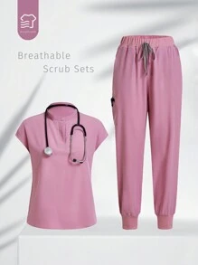 TaskEZ Conjunto de uniforme de enfermería con blusa y pantalón de unicolor de manga corta - Rosa - View 1