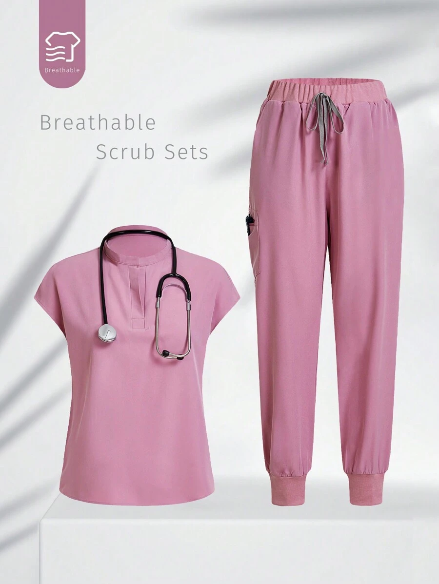 TaskEZ Conjunto de uniforme de enfermería con blusa y pantalón de unicolor de manga corta - Rosa - View 1