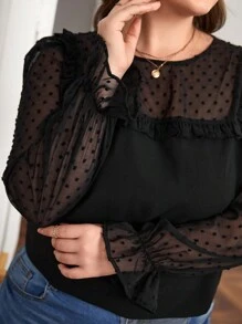 SHEIN Frenchy Plus Size Swiss Polka Dot Patchwork Sheer Shirt With Frill Hem