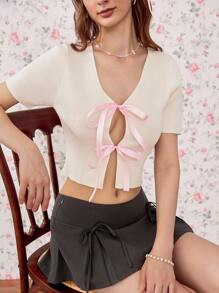 Flirla Women's Simple Solid Color V-Neck Cardigan With Bow Decoration For Daily Wear
