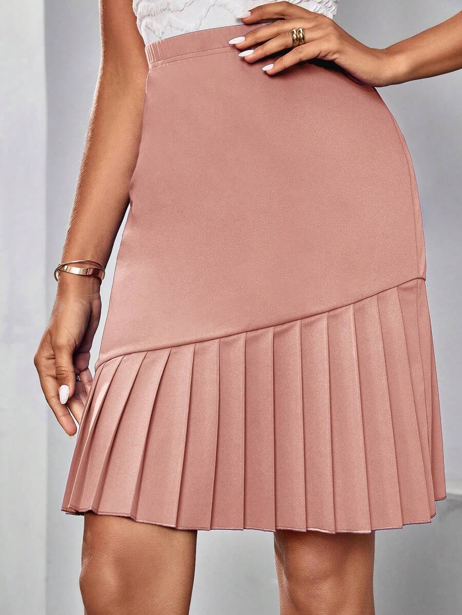 SHEIN Clasi Ladies' Solid Color Simple Everyday Pleated Skirt - Dusty Pink - View 1