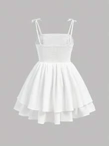 SHEIN Girlism 泡泡皺紋雙層裙搭配背心洋裝，適合青少女 - 白色 - 查看 2