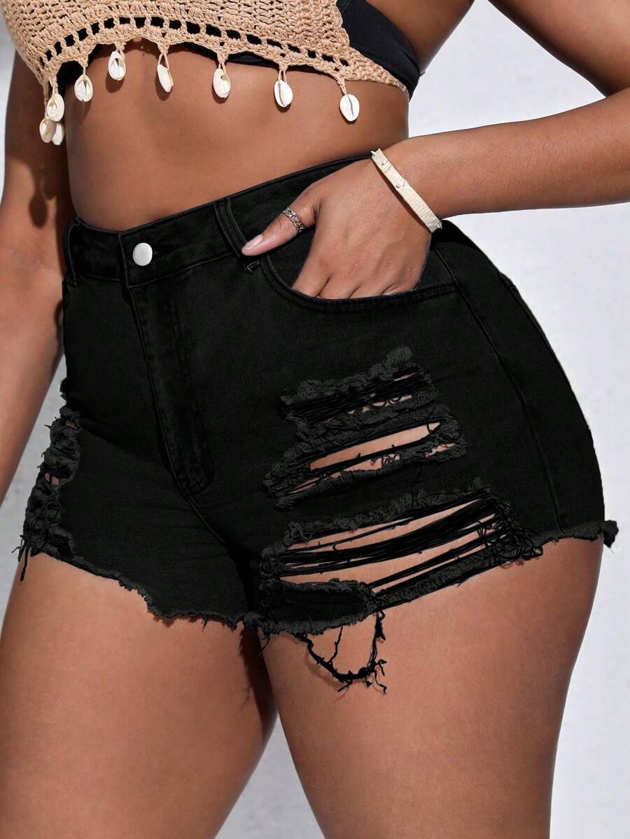 Slaydiva Plus Size Women's Ripped Frayed Hem Casual Denim Shorts With Pockets Spring For Women Festival Beach Vacation - Black - View 1