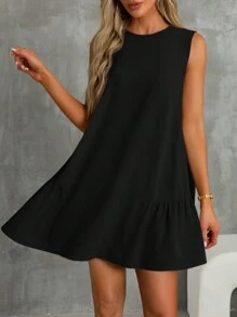 SHEIN Essnce 波西米亚风连衣裙淡蓝色连衣裙亚麻女式条纹圆领无袖休闲迷你连衣裙