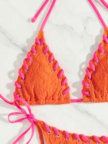 SHEIN Swim 女性夏季海灘比基尼套裝泳裝，配有頸項和性感銅扣開孔設計 - 亮橙色 - 查看 4