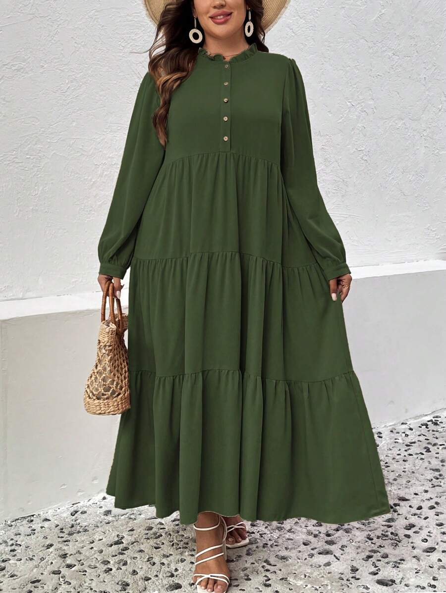 SHEIN LUNE Đầm dài tay màu trơn đơn giản hàng ngày cỡ lớn cho nữ - xanh quân đội - Xem 1