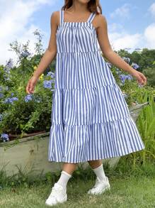 SHEIN EZwear 夏日休閒藍白條紋鬆緊A字輪廓無袖洋裝，配方形領口與寬鬆剪裁