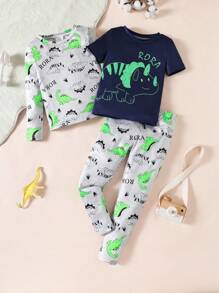3 Bộ Pajama In Hình Khủng Long Bé Trai Nhỏ, Bao Gồm Áo Sơ Mi Dài Tay Và Quần, Và Áo Sơ Mi Tay Ngắn - Nhiều màu - Xem 5