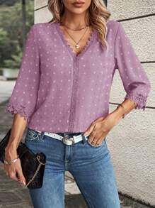 EMERY ROSE Letnia swobodna szwajcarska koszula w kropki z koronkowymi łatkami, bluzki z rękawami trzy czwarte - Wrzosowy - Zobacz 4