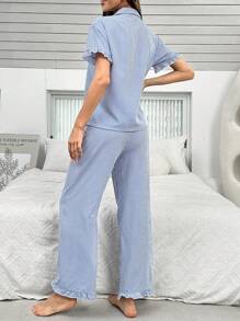 Short Sleeve Top & Long Pants Blue & White Stripe Ladies' Pajama Set With Scalloped Trim