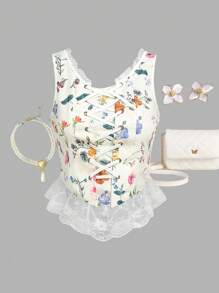 Tank Top in Form eines Fischgrätenmusters mit zierlicher Blumenmuster für Teenager-Mädchen im Urlaub