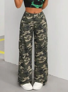 SHEIN ICON Women's Casual-Fit Wide-Leg Camouflage Denim Cargo Pants - Multicolor - View 5