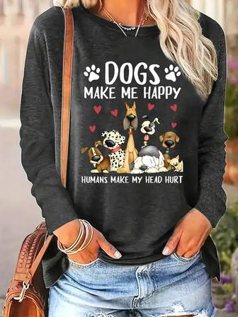 Women's Casual Slogan & Dog Print Round Neck Long Sleeve T-Shirt, Spring/Summer