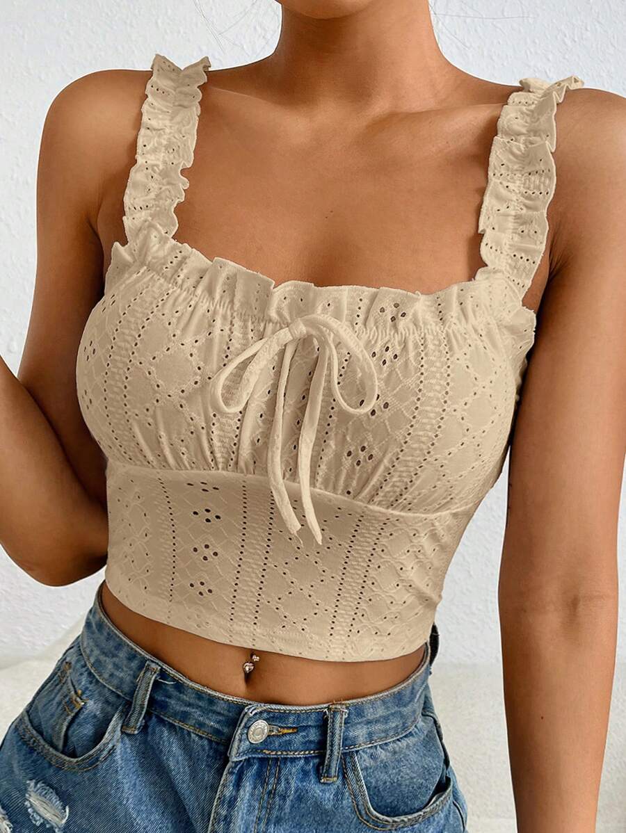 SHEIN EZwear Women's Fashionable Knitted Mesh Hollow Out Sleeveless Tight Tank Top - Apricot - View 1