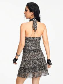 ROMWE Grunge Punk 垃圾搖滾音樂節風格野性豹紋露背荷葉邊收縮連身裙，女士專屬