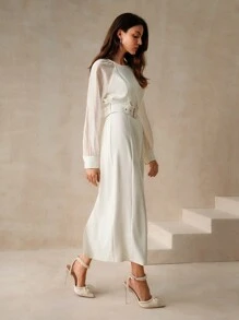 Anewsta Vintage Party Patchwork White Women's Woven Dress With Cinched Waist