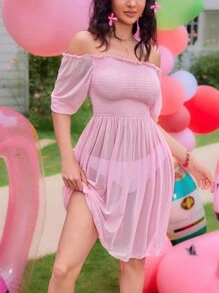 SHEIN Swim Solid Color Shirred Puff Sleeve Cover-Up For Summer - Pink - View 1