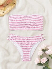 Swim Mod Women's Summer Beach Stripe Strapless Bikini Set With Random Printed Pattern - Pink - View 1